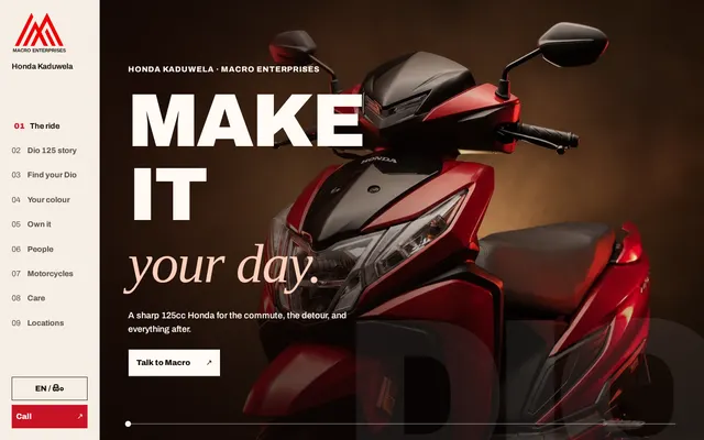 Honda Kaduwela by Macro Enterprises homepage with a red Dio scooter